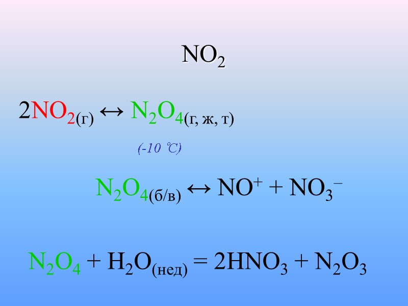 NO2 2NO2(г) ↔ N2O4(г, ж, т)  (-10 °C)  N2O4(б/в) ↔ NO+ +